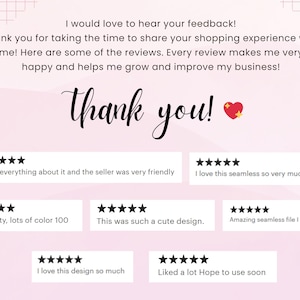 May include: A pink and white graphic with the words "Thank you!" in a script font, accompanied by customer reviews. The reviews include star ratings and positive comments about the product and seller.