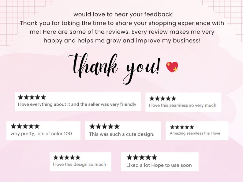May include: A pink and white graphic with the words "Thank you!" in a script font, accompanied by customer reviews. The reviews include star ratings and positive comments about the product and seller.