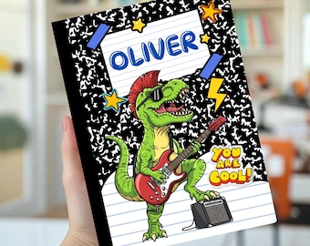 Notizbuch mit individuellem Einband, personalisiertes Schulheft, Schulanfang, Dinosaurier, Schulbedarf, Geschenke für Schüler, Lustiger Junge, Tyrannosaurus