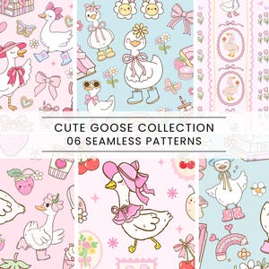 Puede incluir: Colección de seis patrones sin costuras con adorables gansos de dibujos animados en varias poses. Los gansos están adornados con lazos, sombreros y botas, rodeados de corazones, fresas y otros elementos caprichosos. Se muestra el texto "CUTE GOOSE COLLECTION 06 SEAMLESS PATTERNS".