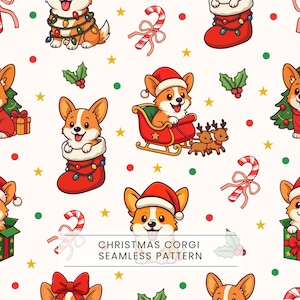 Op de afbeelding: Een naadloos patroon met cartoon Corgi honden in kerstkleding, inclusief kerstmutsen, kousen en sleeën, afgewisseld met zuurstokken, hulst en gele sterren op een witte achtergrond met de tekst CHRISTMAS CORGI SEAMLESS PATTERN.