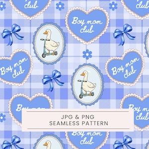 Puede incluir: Patrón sin costuras con fondo de cuadros azules. El diseño presenta corazones azules con el texto "Boy mom club", marcos ovalados con un pato en un scooter y lazos azules. También está presente el texto "JPG & PNG SEAMLESS PATTERN".