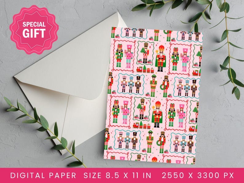 May include: A pink digital paper sheet with a repeating pattern of toy soldiers, trains, and Christmas trees. The paper is 8.5 x 11 inches. A white envelope and a pink "Special Gift" sticker are also visible.
