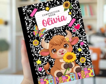 Personalisierter Notizbuchumschlag, Individuelle Schulartikel, Schulanfang, Niedliches Cowgirl, Kawaii-Bulle, Bauernhoftier, Niedliches Babytier