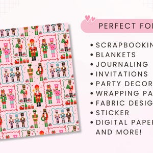 May include: Pink patterned paper featuring a repeating design of Christmas nutcrackers, toy trains, and Christmas trees. The design is framed in a red and white dotted border. The text on the right says "PERFECT FOR:" and lists several uses.