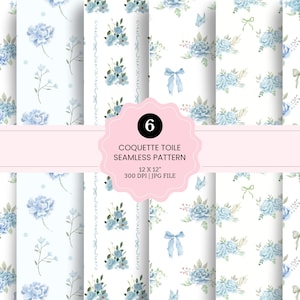 Puede incluir: Seis patrones sin costuras con un diseño coquette toile. Los patrones presentan flores, lazos y mariposas de acuarela azul claro sobre un fondo blanco. La imagen incluye el texto "6 Coquette Toile Seamless Pattern 12 x 12" 300 DPI JPG File."