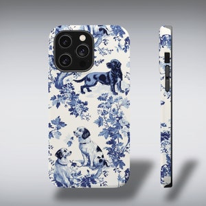 Dog phone case with dog toile de jouy design, Blue French Country Case, Floral Pet Pattern iPhone Pro Max, MagSafe iphone case Vintage