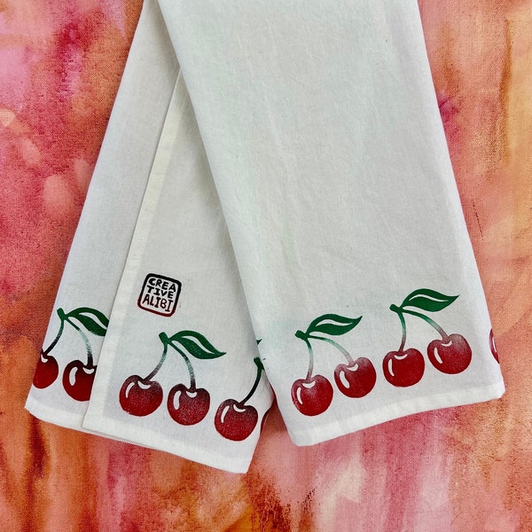 Cherries Tea Towel - Handprinted Block Print Linocut Kitchen Towel, Dish Towels Natural Flour Sack Cotton, Green or Black stem.