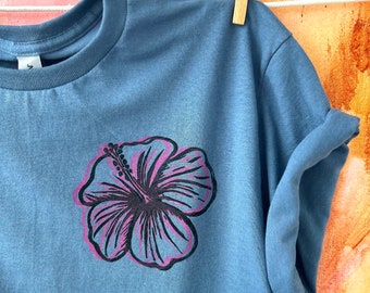 Hibiscus Flower- Tropical Handprinted Block Print Linocut Short Sleeve Unisex T-shirt Blue Cotton
