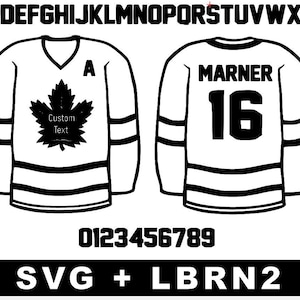 May include: Black and white outline of a hockey jersey with the text "Marner 16" on the front. The jersey has a maple leaf with the text "Custom Text" on it. The image also includes the letters of the alphabet and the numbers 0-9.