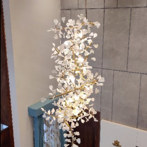 Japanese hanging pendent chandelier with white pink cherry blossom shape crystals for a calm and relaxing ambience of Fairy tales & fantasy