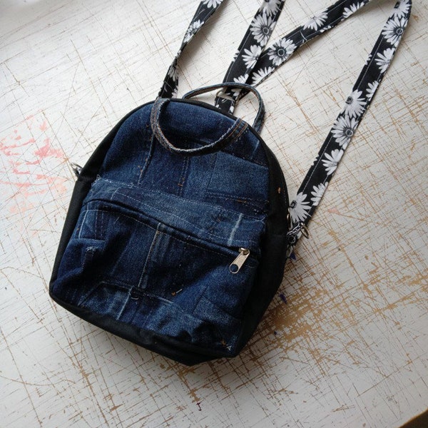 Upcycled quilted denim mini backpack