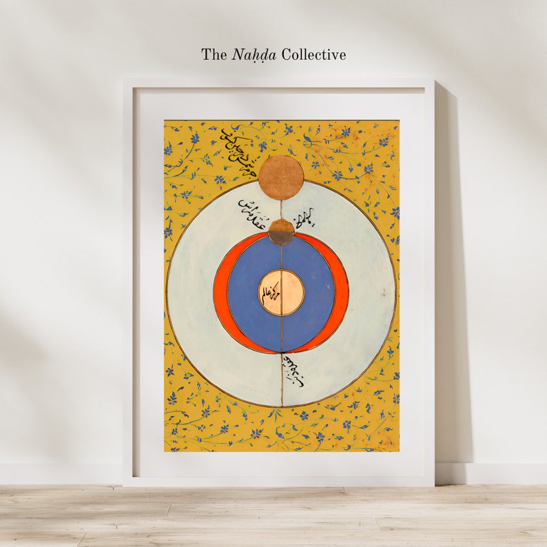 May include: A vintage illustration of a circular diagram with concentric circles in red, blue, and white. The circles are labeled in Arabic script. The background is a yellow color with a floral pattern.