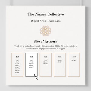 May include: A chart showing different sizes of digital art prints available for download. The chart is divided into five columns, each labeled with a size ratio: 2x3, 3x4, 4x5, 5x7, and 11x14. Each column lists the corresponding dimensions in inches.