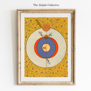 May include: A framed print of a vintage illustration depicting a circular diagram with concentric circles in red, blue, and white. The background is a yellow color with a pattern of small blue flowers. Arabic text is written around the circles.