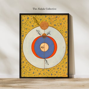 May include: A vintage illustration of a celestial model with concentric circles in shades of blue, red, and white, surrounded by a yellow background with a floral pattern. The illustration includes Arabic text.
