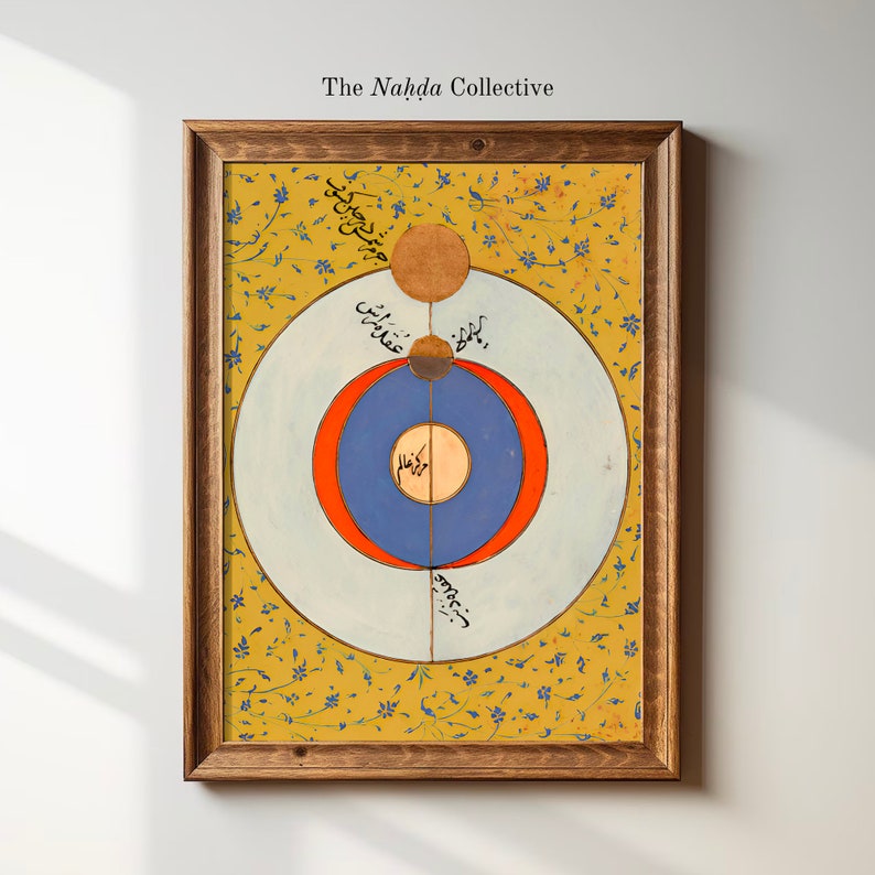 May include: A framed print of a colorful circular diagram with Arabic text. The diagram is surrounded by a yellow background with a floral pattern. The text in the image reads "The Nahda Collective".