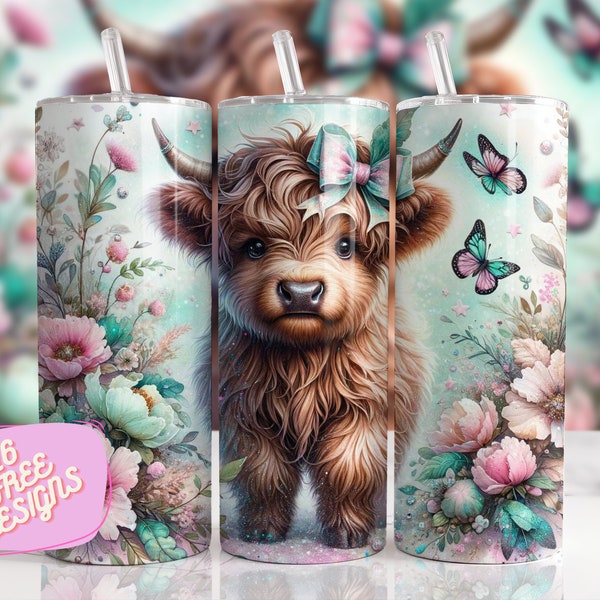 3D Highland cow 20oz Skinny Tumbler Sublimation Design Digital downloadable png 20 oz straight tumblerwrap png cow png floral Tumbler wrap