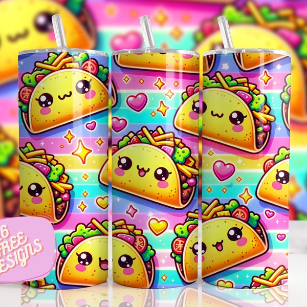 Taco 20 Unzen Skinny Tumbler Sublimation Design Digital herunterladbare png 20 Unzen gerade Tumblerwrap png Kawaii png Food Tumbler wrap