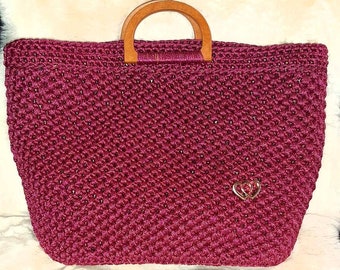 Tasche Shopper bordeaux gehäkelt mit Innenfutter bunte dreiecke und kleiner Innentasche