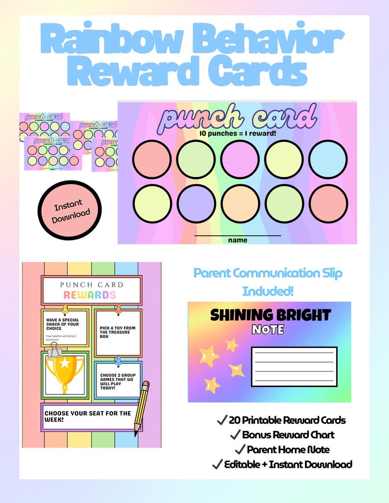 Rainbow Behavior Reward Cards | Punch Card System | Classroom Reward ...