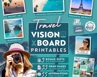 Cartes imprimables Travel Vision - Images, affirmations et citations inspirantes pour éveiller l'envie de voyager (Kit de planche de rêve) | Téléchargement instantané PDF