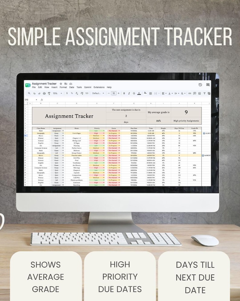 May include: A computer monitor displaying a digital assignment tracker spreadsheet with columns for class name, assignment, due date, and status. The text SIMPLE ASSIGNMENT TRACKER appears above. Below, three boxes state SHOWS AVERAGE GRADE, HIGH PRIORITY DUE DATES, and DAYS TILL NEXT DUE DATE.