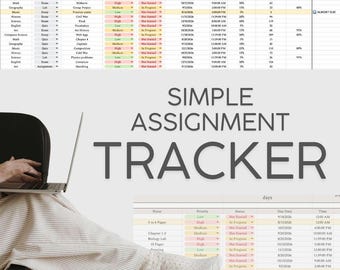 May include: A digital assignment tracker spreadsheet template featuring columns for class name, assignment type, notes, priority, status, due date, time, weight, days till due, and grade percentage. The text SIMPLE ASSIGNMENT TRACKER is displayed.