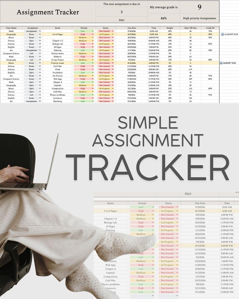 May include: A digital assignment tracker spreadsheet template featuring columns for class name, assignment type, notes, priority, status, due date, time, weight, days till due, and grade percentage. The text SIMPLE ASSIGNMENT TRACKER is displayed.