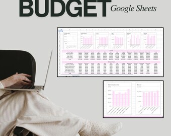 May include: A digital financial budget template for Google Sheets featuring a light grey background with black text that reads Financial BUDGET Built to stand out Google Sheets, alongside two rectangular charts displaying pink bar graphs.
