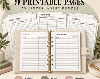 May include: A bundle of 9 printable A5 binder insert pages featuring black text on white paper. The pages include templates for an expense tracker, subscription log, contact list, to-do list, and chore tracker, all organised in a beige binder.
