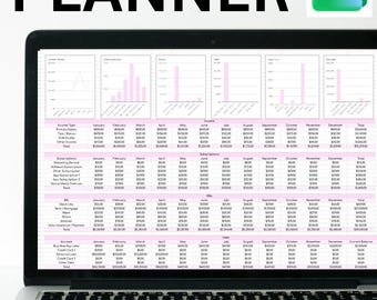 May include: A laptop screen displaying a digital financial planner with the text Financial PLANNER at the top. The spreadsheet includes various income, subscription, bill, and debt categories organised by month with pink highlights and charts.