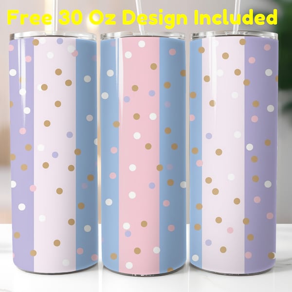 Pastel Stripes With Dots Lavender Pink Blue Pattern 20oz Tumbler Sublimation Design, 30oz Tumbler, Wrap PNG Template, Instant Download