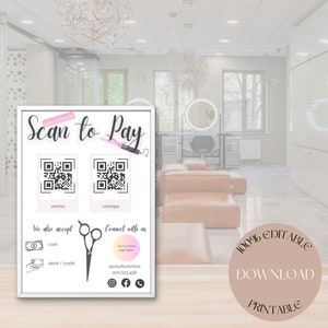 Carte Scan to Pay modifiable, Scan de coiffeur pour payer, Scan de salon pour payer, Panneau de code QR, Panneau de paiement pour petites entreprises, Venmo, Cashapp