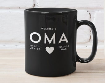 Muttertag Tasse personalisiert schwarz mit weißem Druck "Weltbeste Oma" mit Namen und Geburtsjahr der Enkel