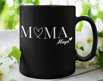 Muttertag Geschenk personalisiert Tasse schwarz mit weißem Druck "Mama"  mit Namen der Kinder