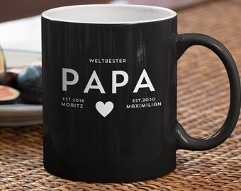 Vatertag Geschenk für Papa personalisierte schwarze Tasse mit Spruch &quot;Weltbester Papa&quot;  mit Namen der Kindern