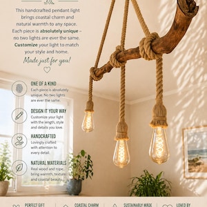 Peut inclure: Suspension luminaire artisanal avec une poutre en bois naturel, de la corde et des ampoules Edison. Le luminaire apporte charme côtier et chaleur. Le texte dit "Bring the Ocean Home."
