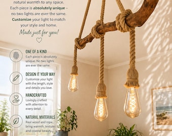 Large handmade driftwood ceiling lamp made to order – Dimmable vintage LED light, CE certified, hemp ropes, boho & rustic lighting