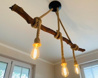 Large driftwood ceiling lamp made to your specifications - Vintage LED - Unique - Unique grain & shape - Dimmable - High-quality hemp ropes