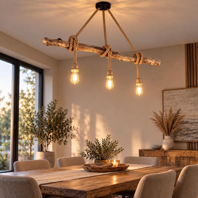 May include: A ceiling light fitting featuring a horizontal piece of driftwood suspended by thick tan rope. Three Edison-style light bulbs hang from the driftwood at varying lengths, each secured by a knot in the rope, emitting a warm yellow glow.