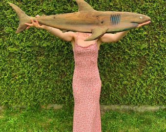 Handmade maritime XXL wall decoration - shark - sculpture - 3D art - real wood - unique piece made of oak - 117 cm, 46 inches - unique design