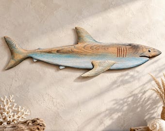 Giant real wood shark made of oak – maritime statement wall decoration – handcrafted shark sculpture – unique piece made of solid wood