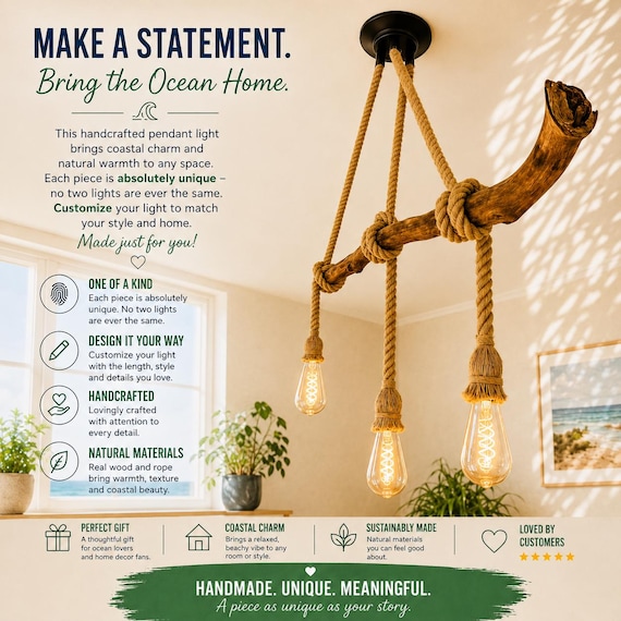 Custom Driftwood Pendant Light – Handmade Wooden Chandelier – Rustic Dining Room Lighting
