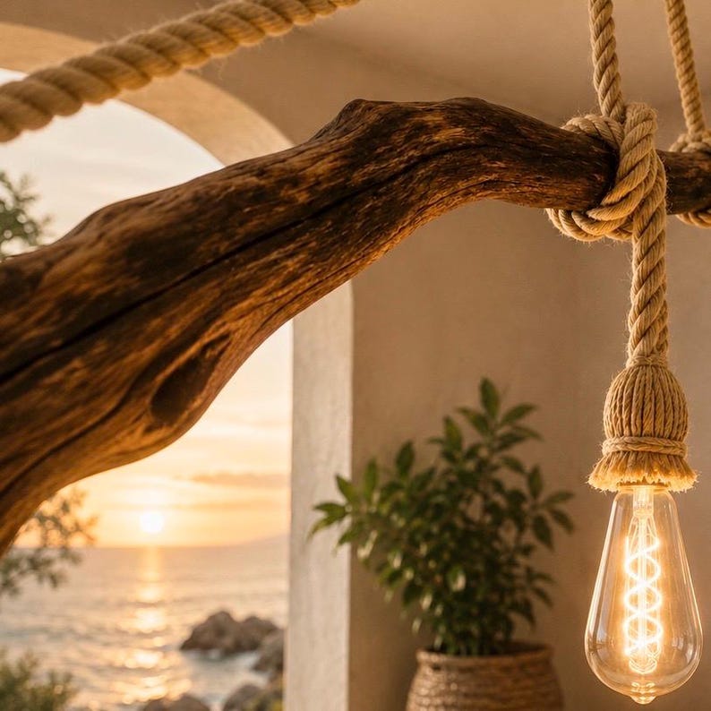 May include: A pendant light fixture featuring a natural dark brown driftwood branch suspended by thick beige jute rope. A single Edison-style light bulb with a visible glowing filament hangs from the branch, secured by a decorative rope knot.