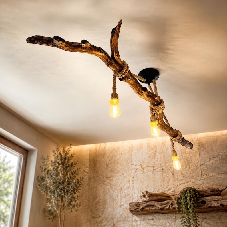 May include: A ceiling light fitting featuring a large, natural brown wooden branch suspended from a black circular mount. Three light bulbs hang from the branch, each wrapped in thick, tan-coloured rope, emitting a warm, soft yellow glow.
