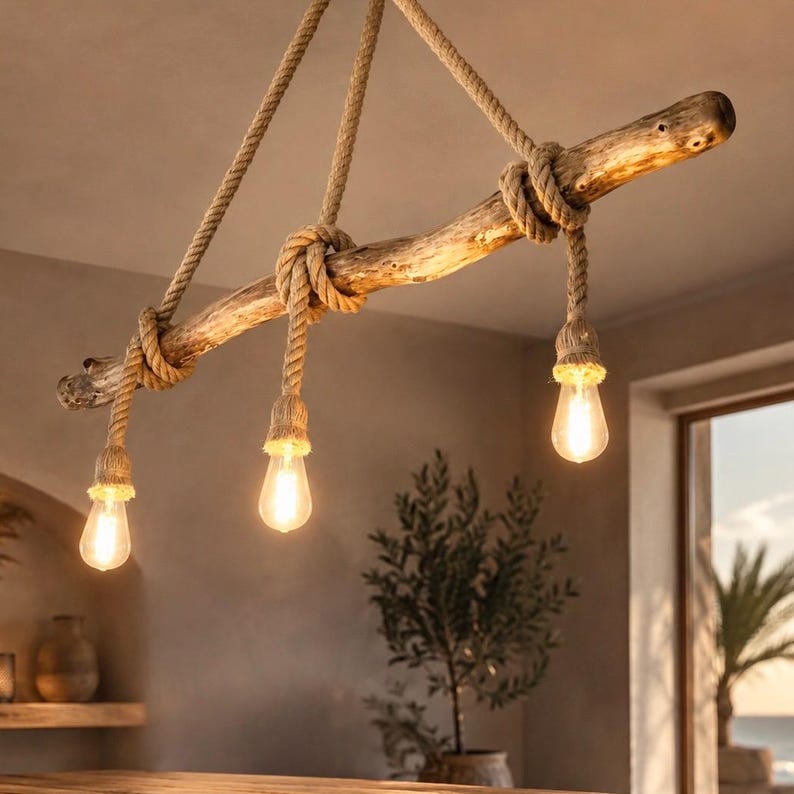 May include: A hanging light fixture featuring a natural wooden branch suspended by thick tan rope. Three light bulbs hang from the branch, each wrapped in matching rope. The bulbs emit a warm, glowing light, creating a soft illumination.