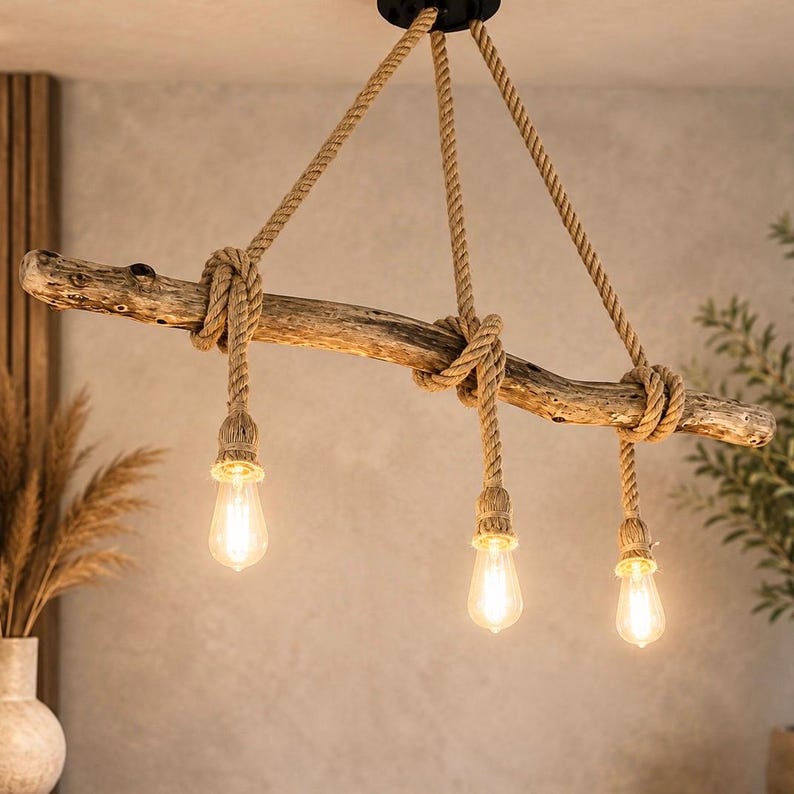 May include: A hanging light fitting featuring a natural driftwood branch suspended by thick, tan-coloured jute ropes. Three light bulbs hang from the branch, each encased in a matching rope-wrapped socket, emitting a warm, soft glow.