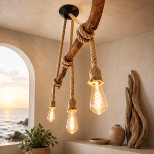 May include: A ceiling light fixture featuring a natural wooden branch suspended by thick tan jute ropes. Three Edison-style light bulbs with visible glowing filaments hang at varying lengths from the branch, secured by knotted rope wraps.