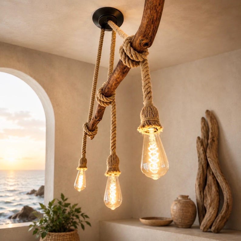 May include: A ceiling light fixture featuring a natural wooden branch suspended by thick tan jute ropes. Three Edison-style light bulbs with visible glowing filaments hang at varying lengths from the branch, secured by knotted rope wraps.